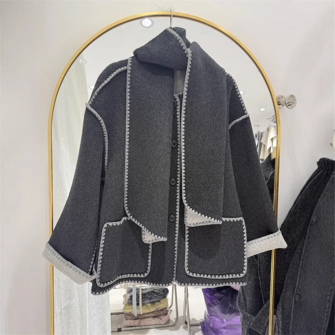 Casual Double-sided Woolen Scarf Collar Loose Outerwear Medium Length Youth Women's Fashion Autumn Winter New Arrival