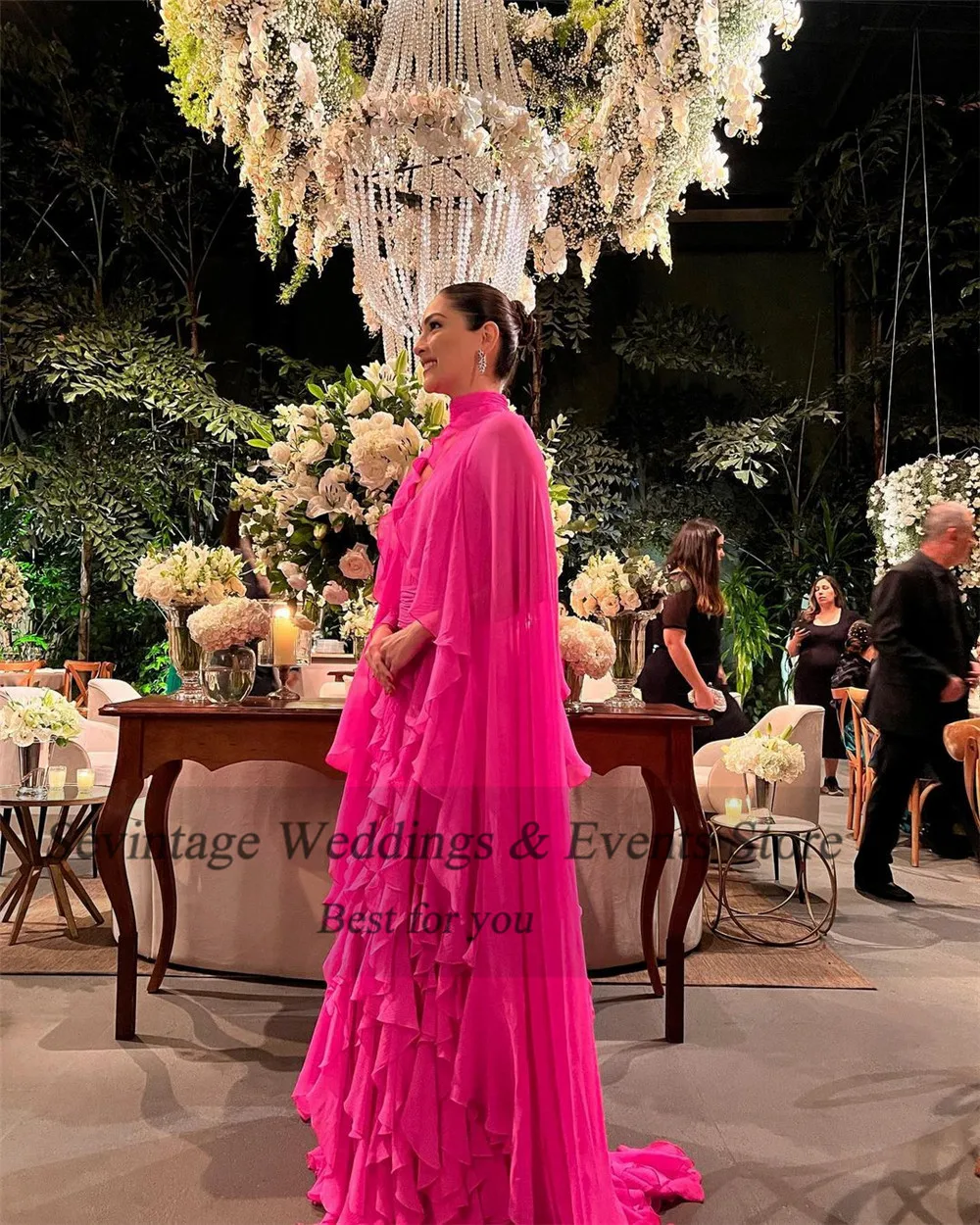 Customized Noble Fushia Chiffon Prom Dress A-Line Long Cape Ruffles Tiered Floor Length Formal Evening Dress Women Party Gowns