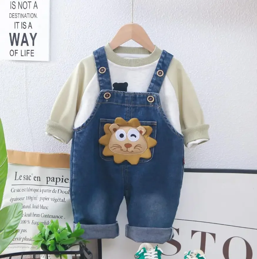 Baby Boys Spring Clothes Sets Koresn Style Lovely Cartoon Long Sleeve T-shirt And  Denim Overalls Two Piece Boy Boutique Outfits