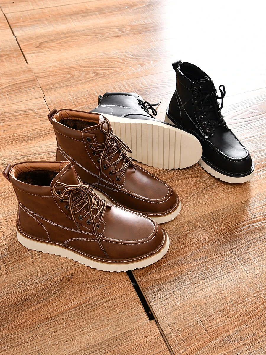 

Leather Boots Men's Outdoor Winter Warmths Slip-Resistant Wear-Resistant Calf-High Sle Rubber Outsole round Toe Boots
