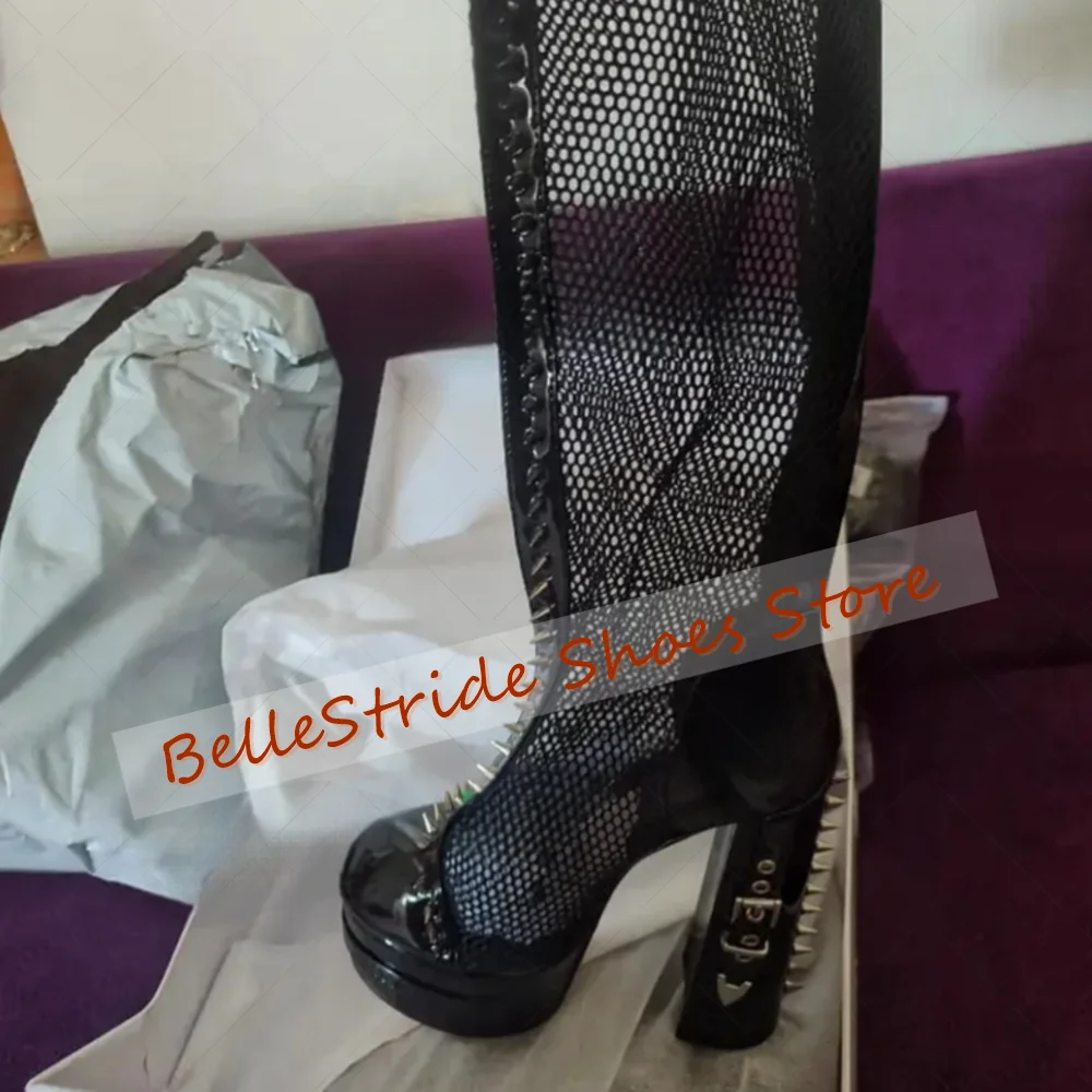 

Black Rivet Decor Mesh Hollow Platform Boots Back Zipper Women Shoes Thick Heel Party Banquet Dating 2025 Zapatos Para Mujere