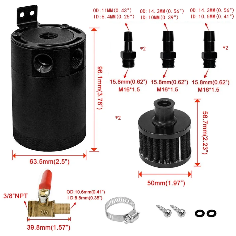 Universal Racing Baffled Aluminum Oil Catch Can Tank 2-Port  Reservoir with Drain Valve Breather Cylinder Filter Kit Black