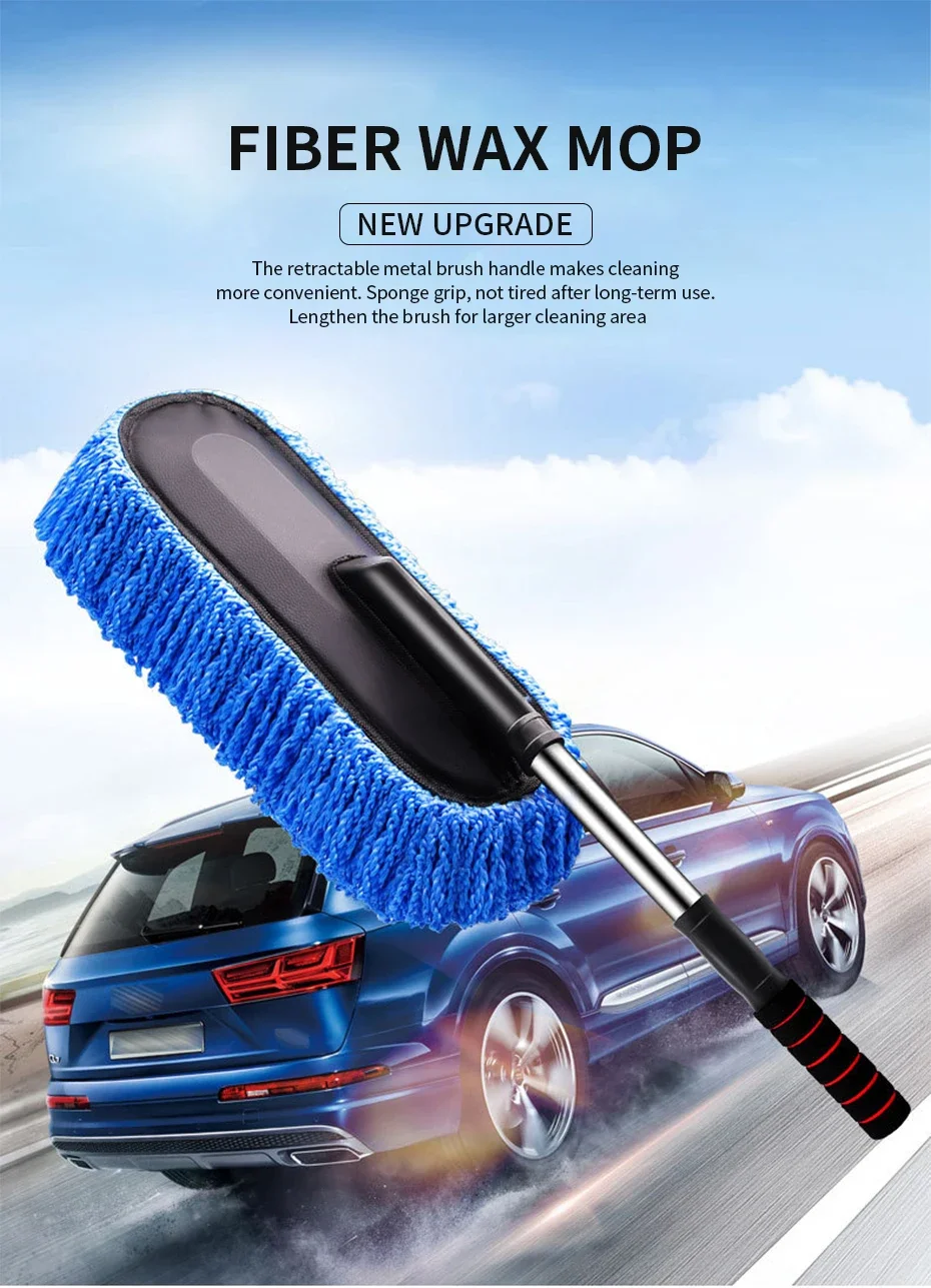 Mikrofaser-Autowaschmop mit Ausziehbarem Griff, Weiche Reinigungsbürste für Autopflege, Staubentferner und Waschzubehör – Detail 1