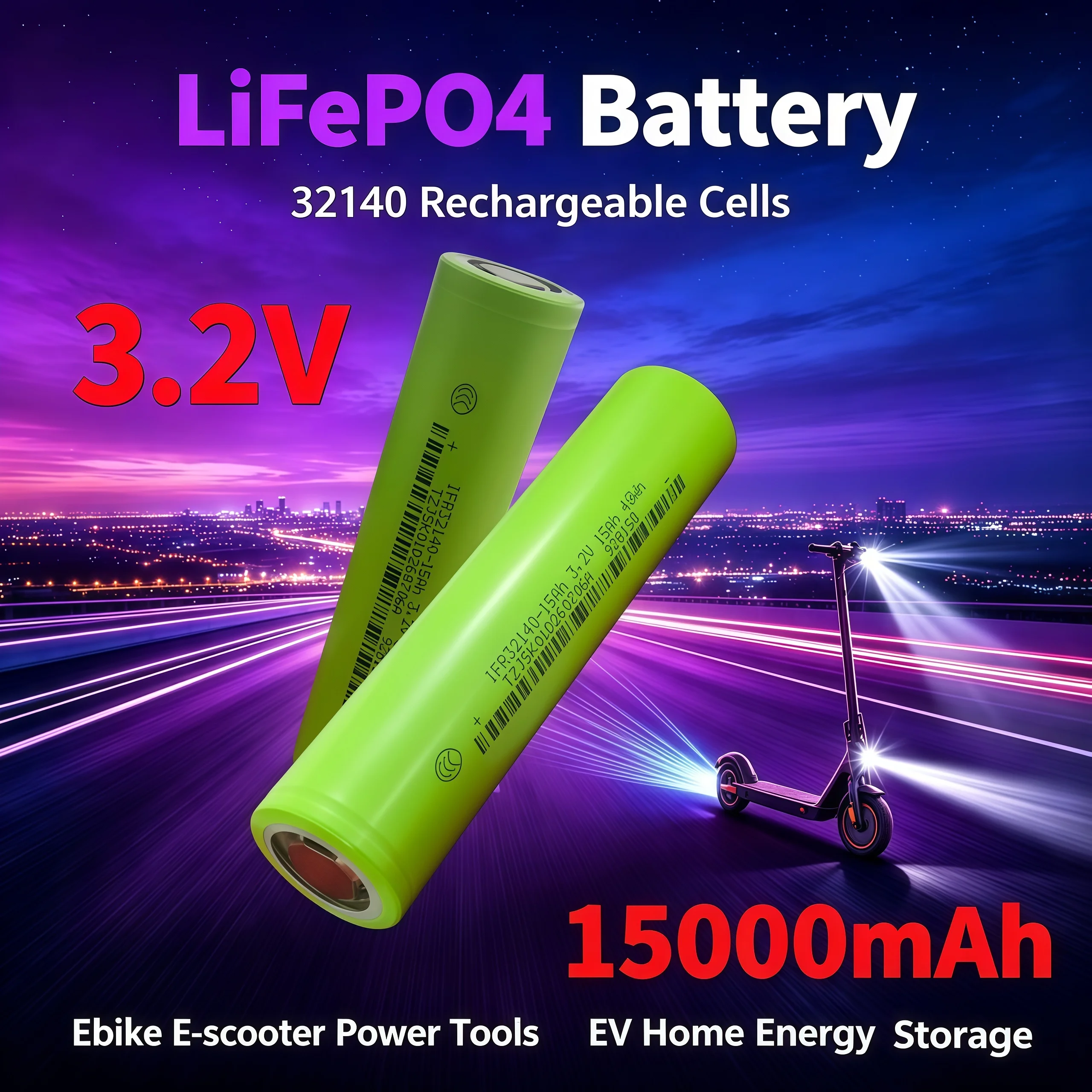 3.2V 15000mAh Rechargeable 32140 LiFePO4 Battery Cells EV Home Energy Storage Ebike E‑scooter Power Tool Battery Pack