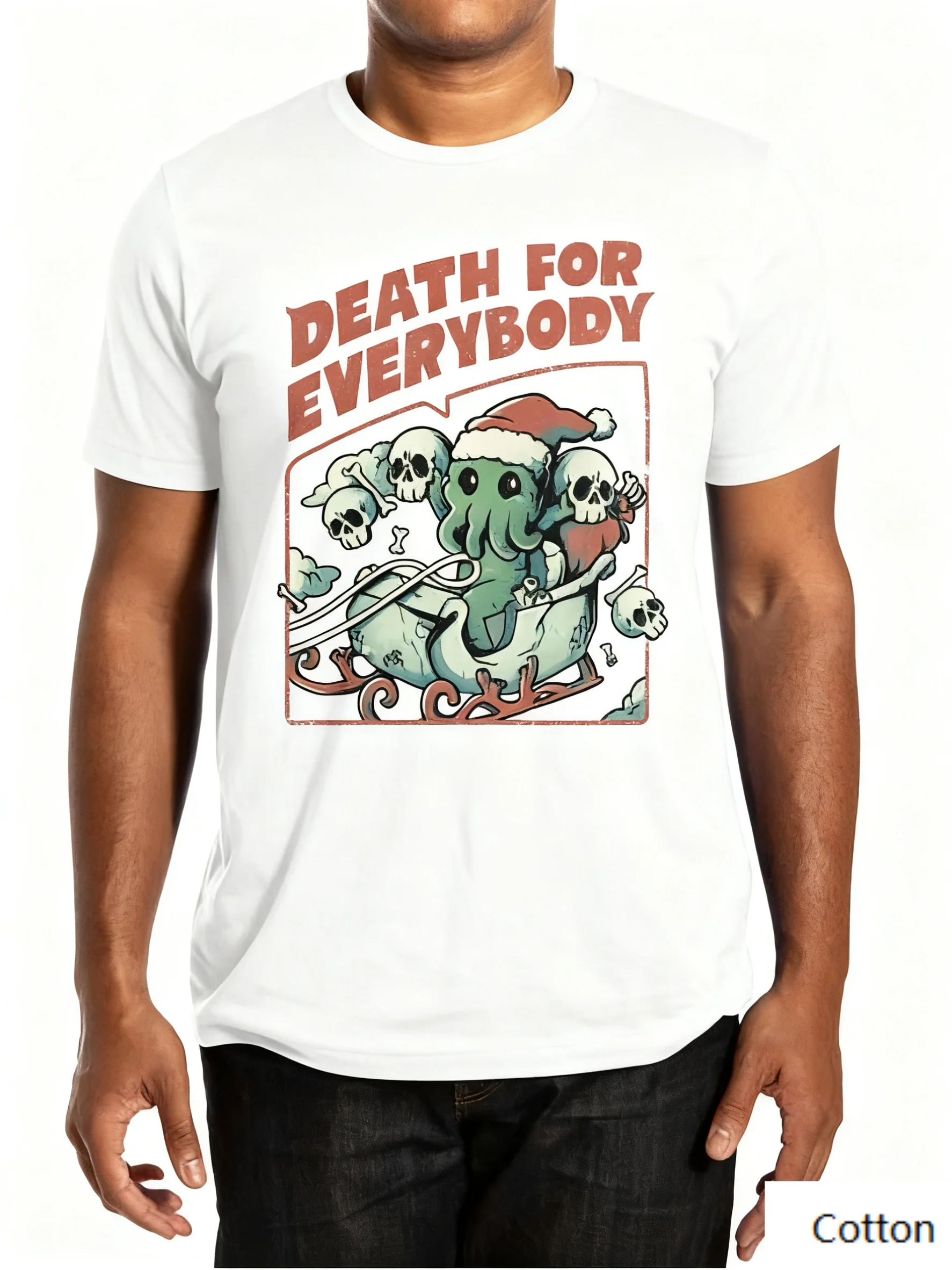 

Whimsical Christmas Cthulhu Dark Humor Cotton Crew Neck T Shirt with An Eye - Catching Print of Cthulhu, Santa Hat, Sleigh