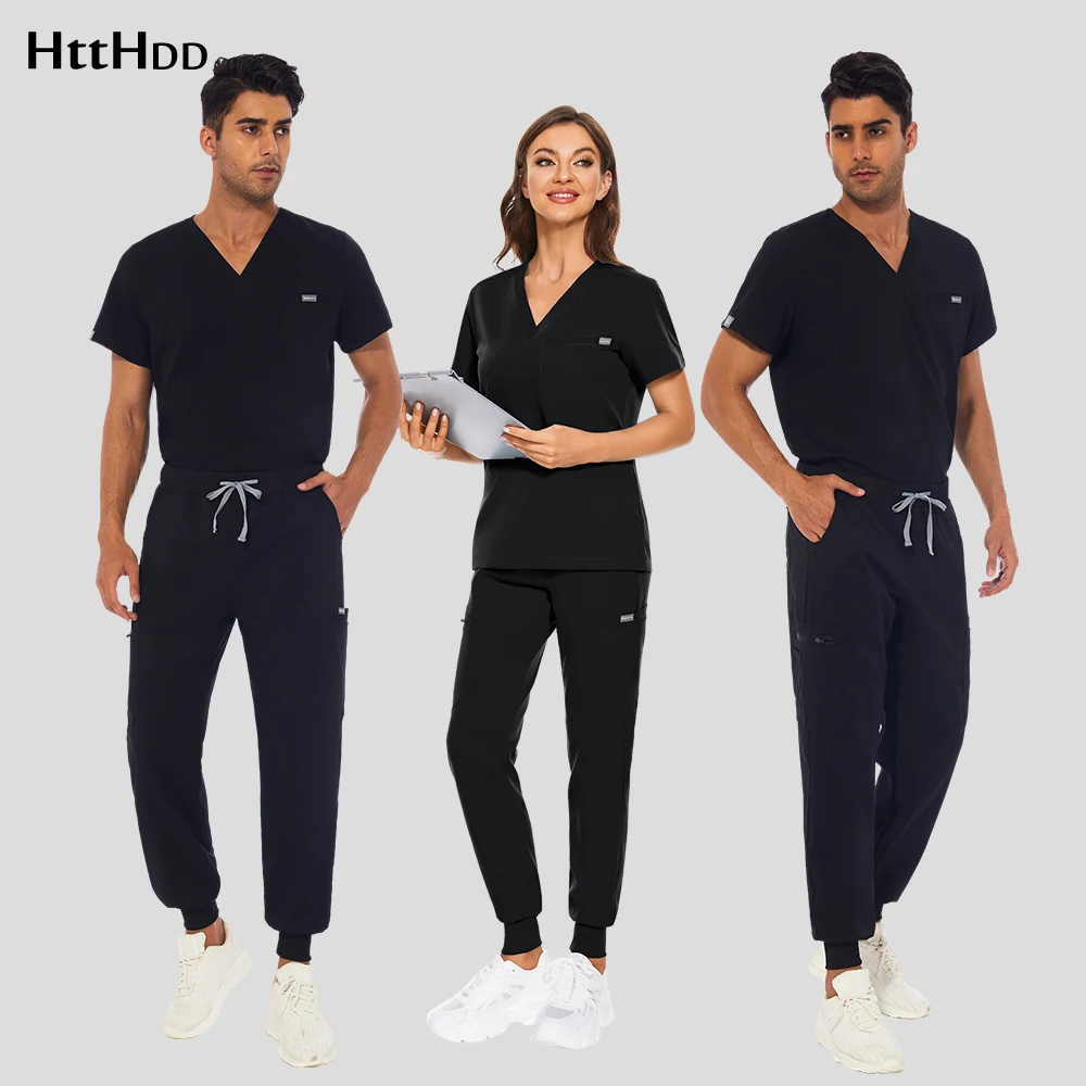 Conjunto de uniformes de enfermería para hombres y mujeres, uniforme médico con cuello en V, pantalones de parte de arriba con bolsillos, disfraz de