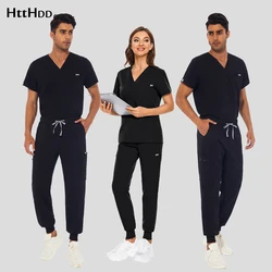 Uniformes de enfermagem jogger conjunto uniforme médico das mulheres dos homens com decote em v esfrega calças de bolso superior médico traje spa laboratório outwear ternos do médico