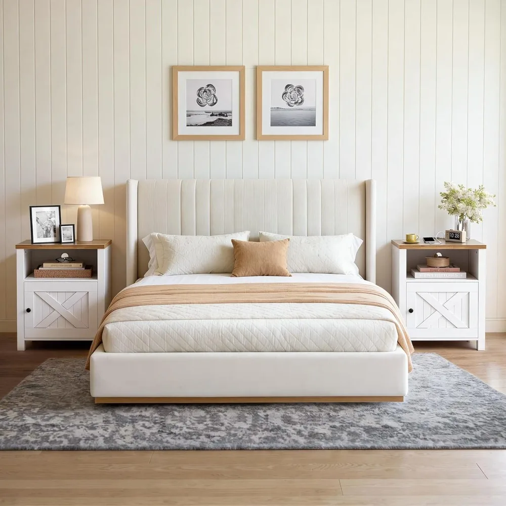 

Night Stand Set 2, Farmhouse Bedside Table Set of 2 with Open Shelf, Enclosed Cabinet, USB Port & AC Outlet, Customized