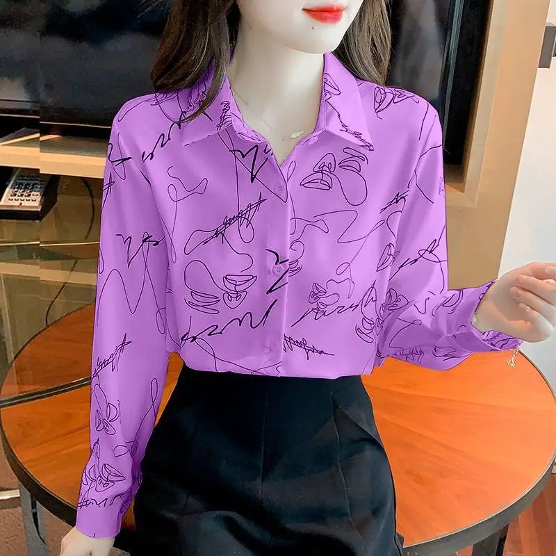 Women\'s Autumn Trendy Graffiti Print Button Up Shirt Office Lady Elegant Commute Blouse Casual Lapel Long Sleeve Loose Chic Tops