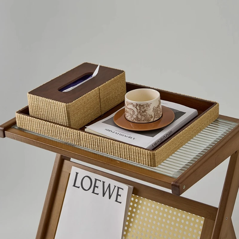 

Woven Rattan Tissue Box Mid-Century Modern Wooden Paper Holder Luxury Living Room Decor Vintage Dining Table Storage Organizer