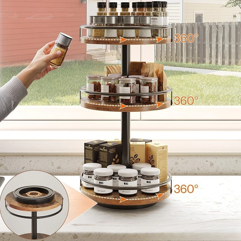 3-Tier Rotatable Wooden Storage Rack Kitchen Spice Bathroom Cosmetic Coffee Stand