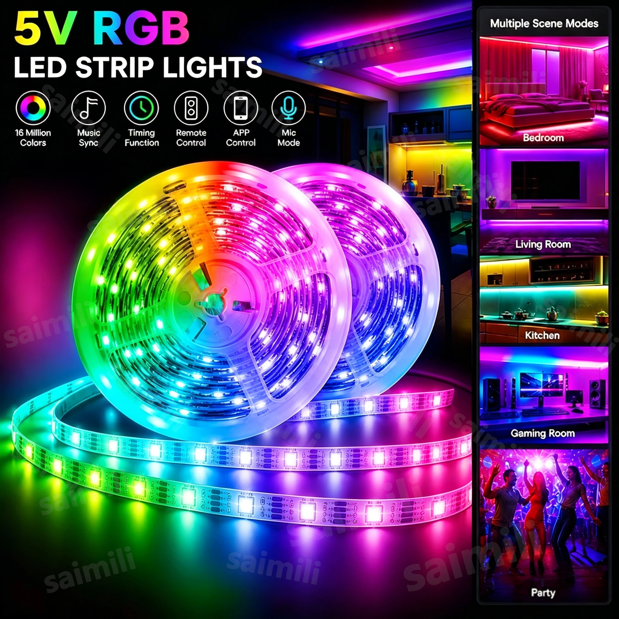 Smart Bluetooth RGB LED Strip USB Flexible Self-Adhesive Tape APP Remote Music Sync For Game Room Festival Party DIY Decoration