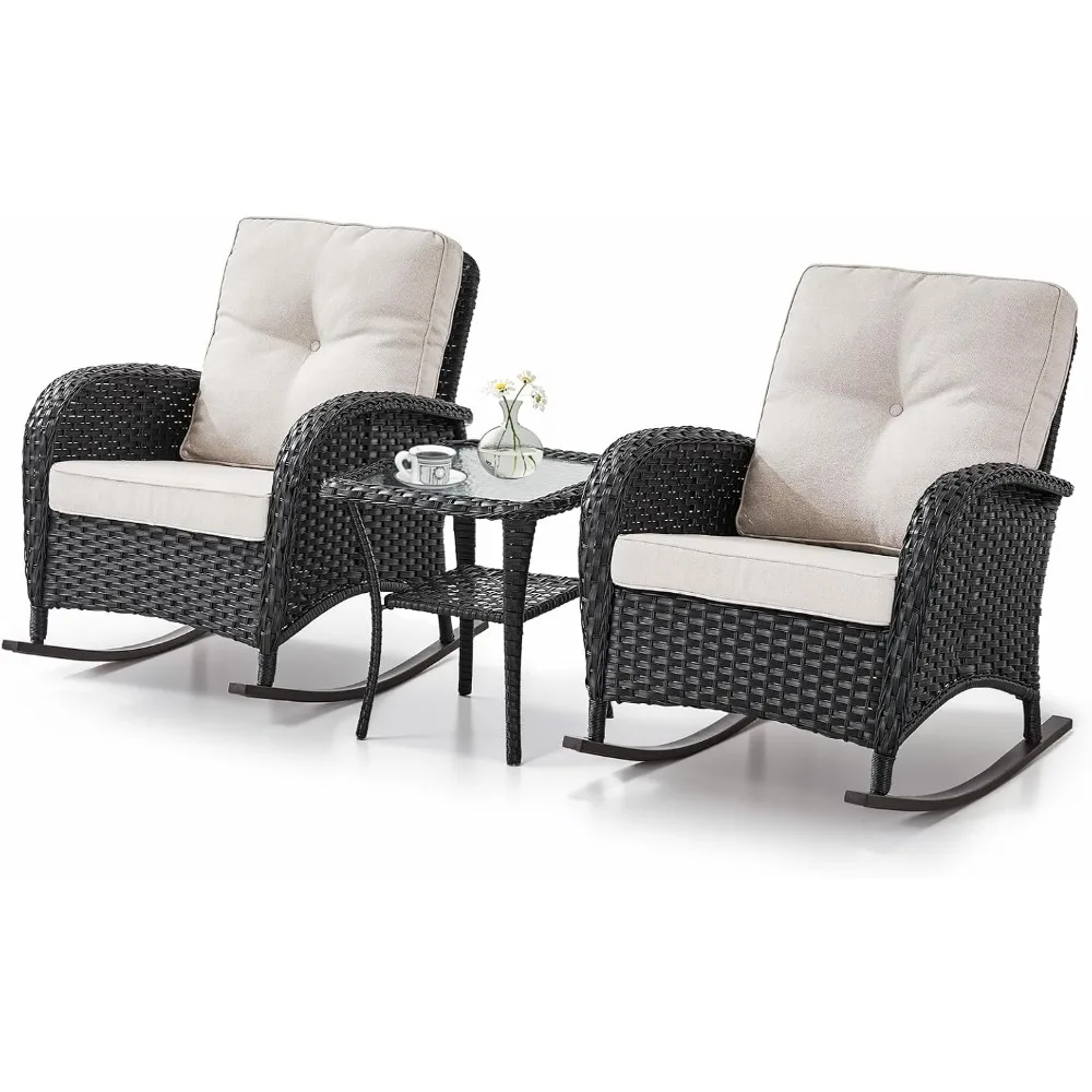 Patio Rocking Chairs Wicker Set - Outdoor Rocking Chairs Set of 2 with Side Table, 3 Piece Patio Rocker Furniture Set with Water