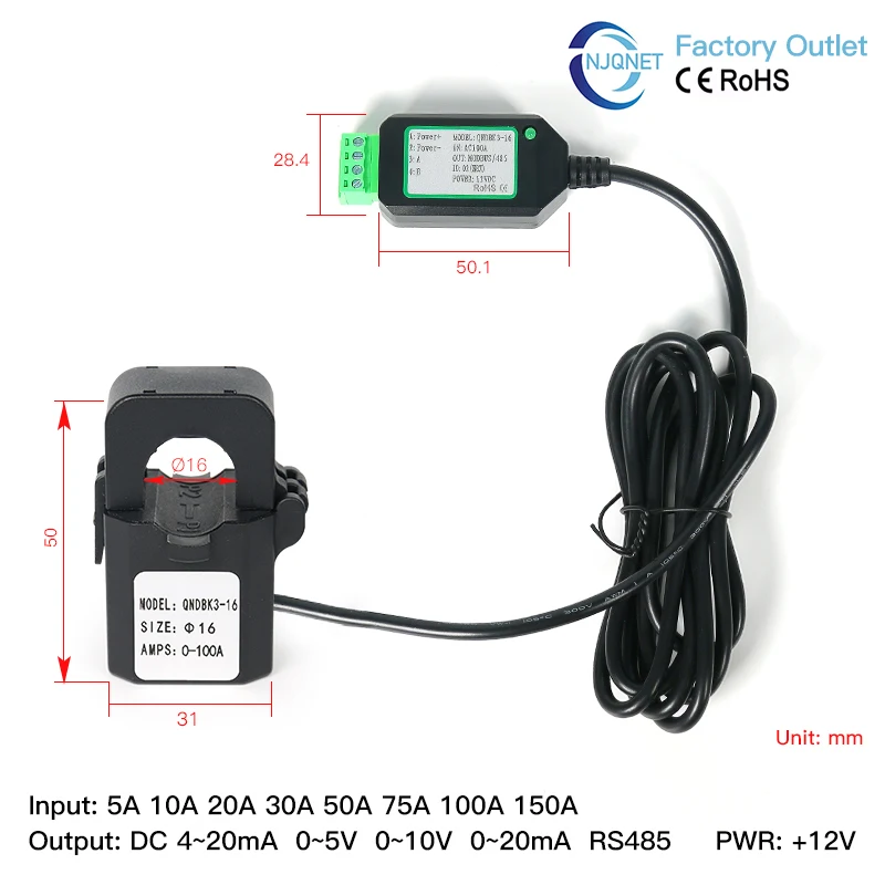 Split Core Current Sensor Factory Price QNDBK3-10 Ac 5A 20A 63A 100A Output RS485 Clamp Ct Current