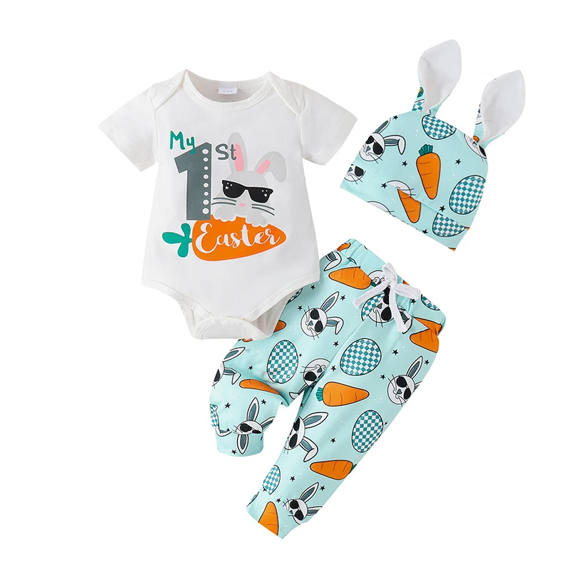 

Newborn Baby Boy My First Easter Suit Letter Bunny Carrot Print Short Sleeves Romper and Pants Hat Set