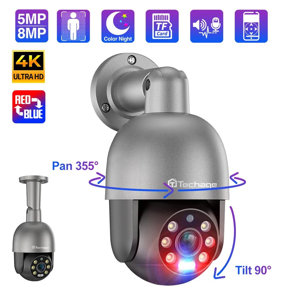 Techage 8MP 5MP 4MP Security POE IP Camera PTZ Dome Video Camera 4K Outdoor Ai Human Detected Two Way Audio Camera XMEye TF Card