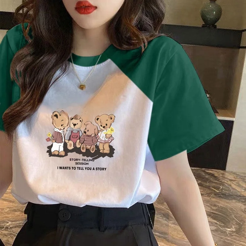 

een Splice Pure Cotton ort Sve Women's T-irt Loose Slimming Faionable Top Korean Sle round Ne Casual Print