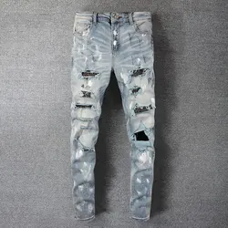 Rhinestones Splashing Ink Patchwork Male Ripped Hole Design Stretchy Jean Hip Hop Style Trouser For Men Pantalon Vaqueros Hombre