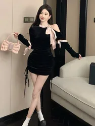 Autumn Black Pink Patchwork Off Shoulder Bow Lace-up Neck Velvet Dress WOmen Sexy Long Sleeve Elegant Pleated Mini Dress Fashion