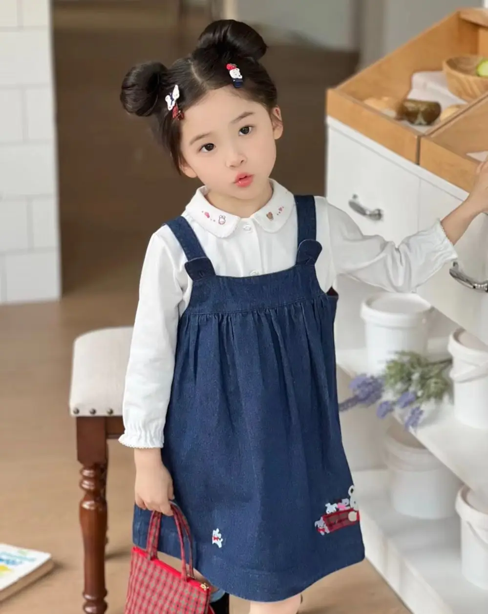 

baby girls clothes kids dress Cartoon pattern sticker Strap denim dress cute Sleeveless dress