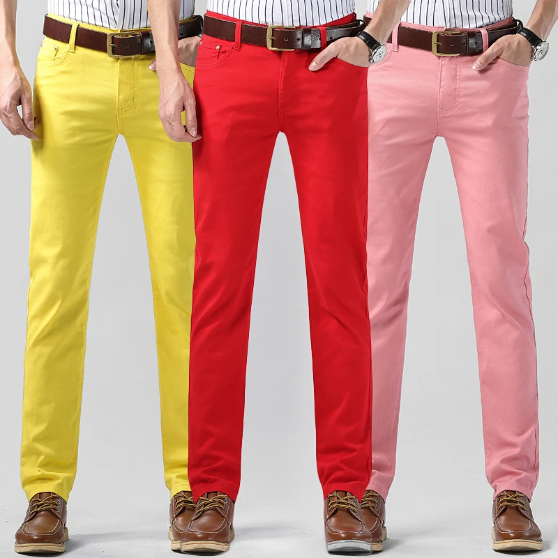Men's Solid Color Colorful Casual Pants Spring Autumn Business Straight Stretch Trousers Slim Fashion Male Pants Red Yellow Pink