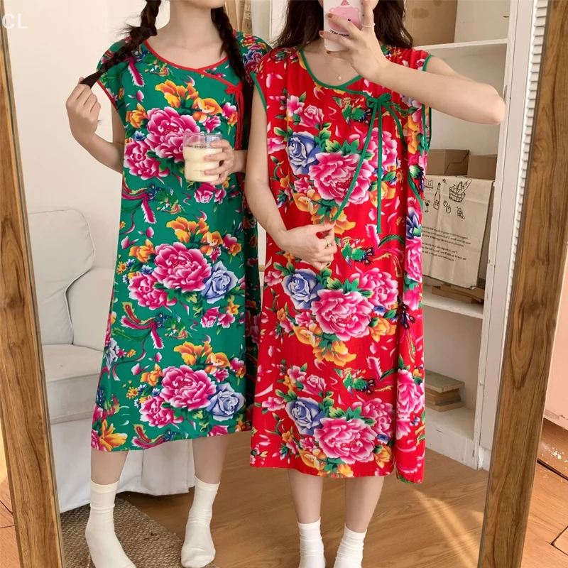 

Floral Sleeveless Nightdress Ladies Summer Cotton Silk Pajamas Home Wear Chinese Style