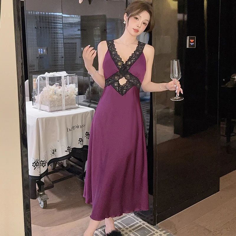 DAIMELU summer with chest pad pajamas ice silk long nightdress French elegant purple hollow romantic sleepwear lady Nightgowns