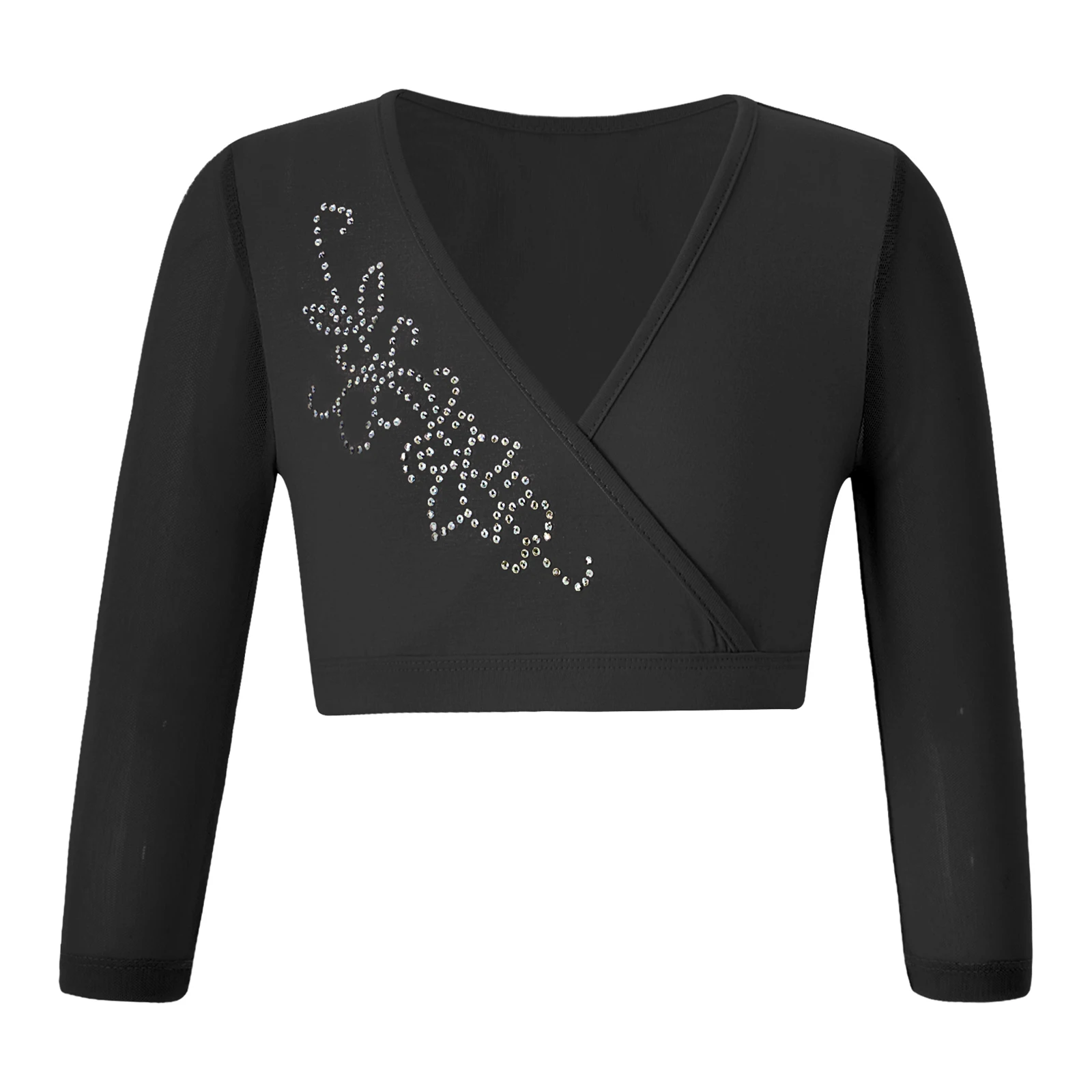 Kids Girls Ballet Dance Top Spandex Mesh Long Sleeve Crisscross Front Shiny Rhinestone Decorated Yoga Gymnastics Dance Crop Top