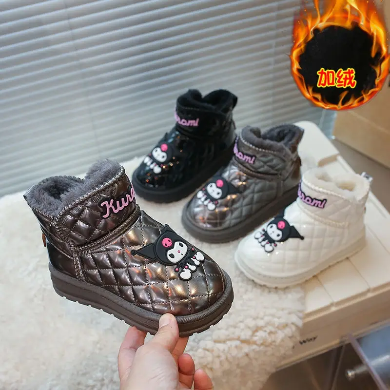 Anime Cartoon Kids Winter Boots Platform Snow Boots Kawaii Kuromi Waterproof Non-Slip Thick Plush Warm Mid-Calf Boots for Girl