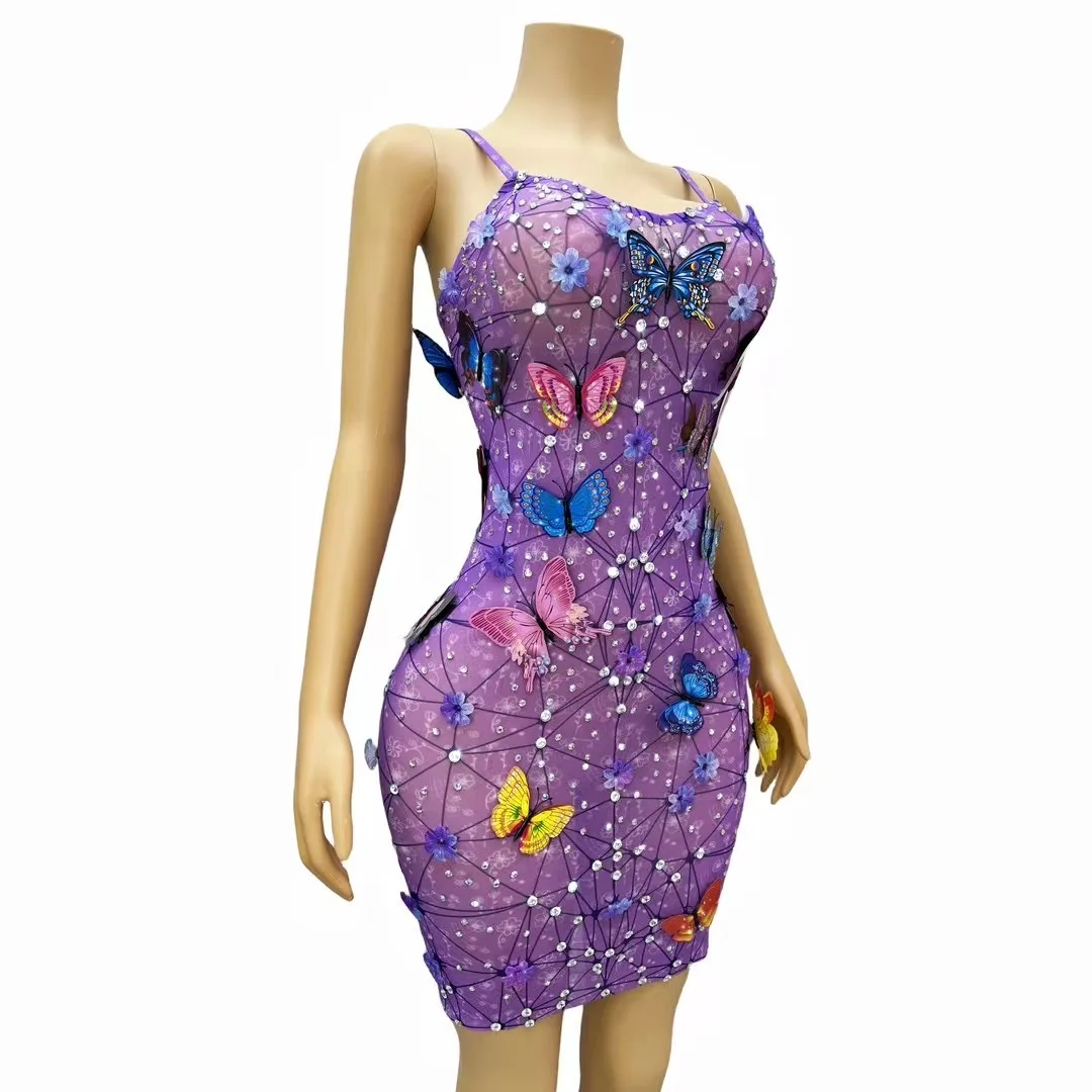 Glitter Women Summer Dress 2024 New Arrival Butterfly Purple Designer Prom Gowns Celebrity Birthday Evening Party Stage Wear