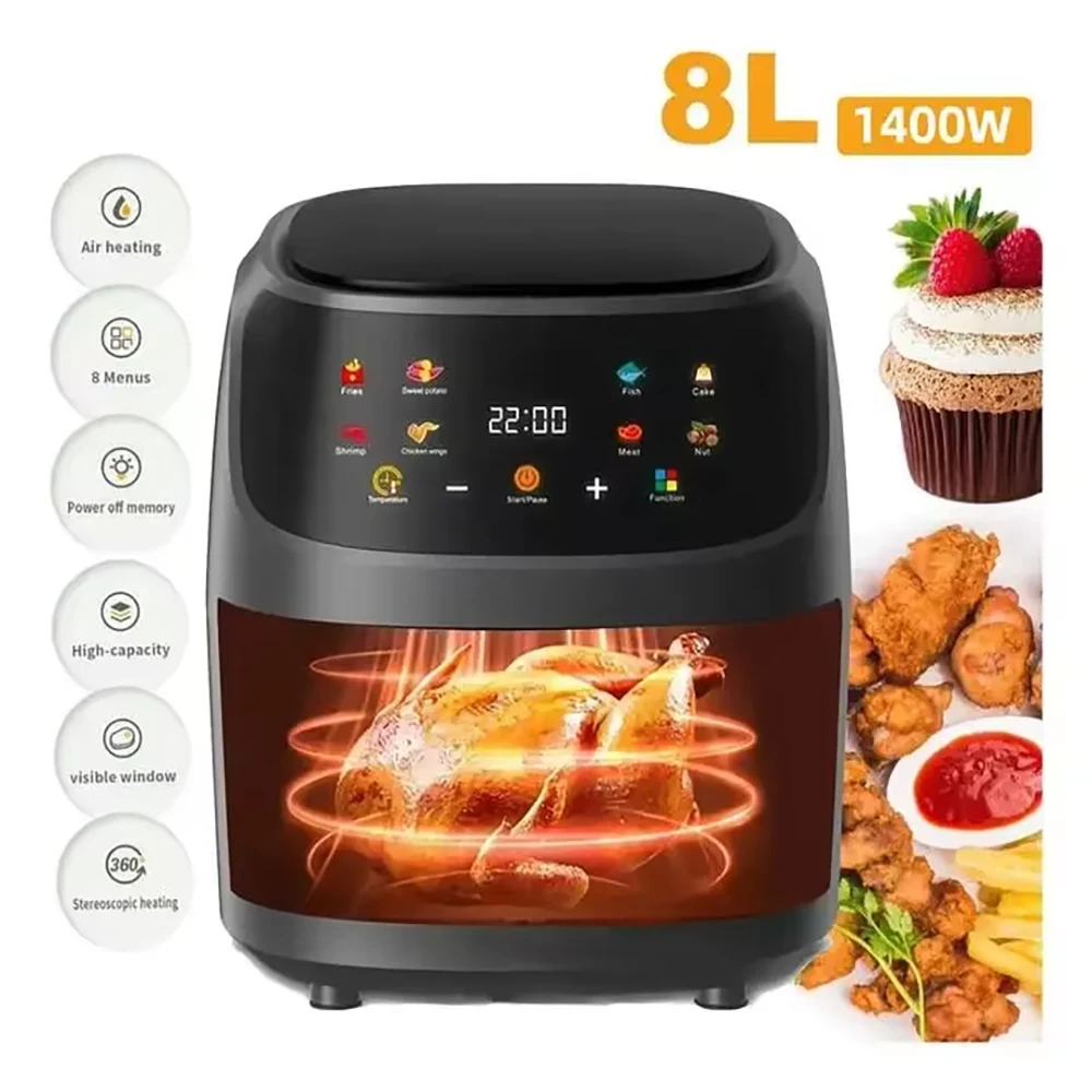 8L Large Capacity Smart Nonstick Pot Oil Free Fryer Oven French Fries Roast Chicken Fryer LCD Screen Tactil Regulación Air Fryer