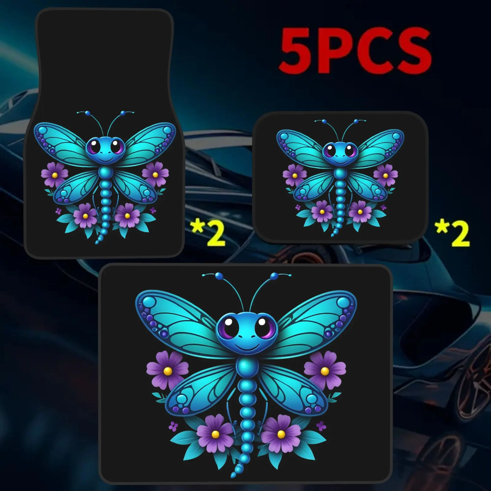 2D Plane 5pcs Dragonfly Floral Print Car Floor Mat | Trunk Liner -5pcs Set (including 4 Floor Mats And 1 Trunk Liner) With Styli