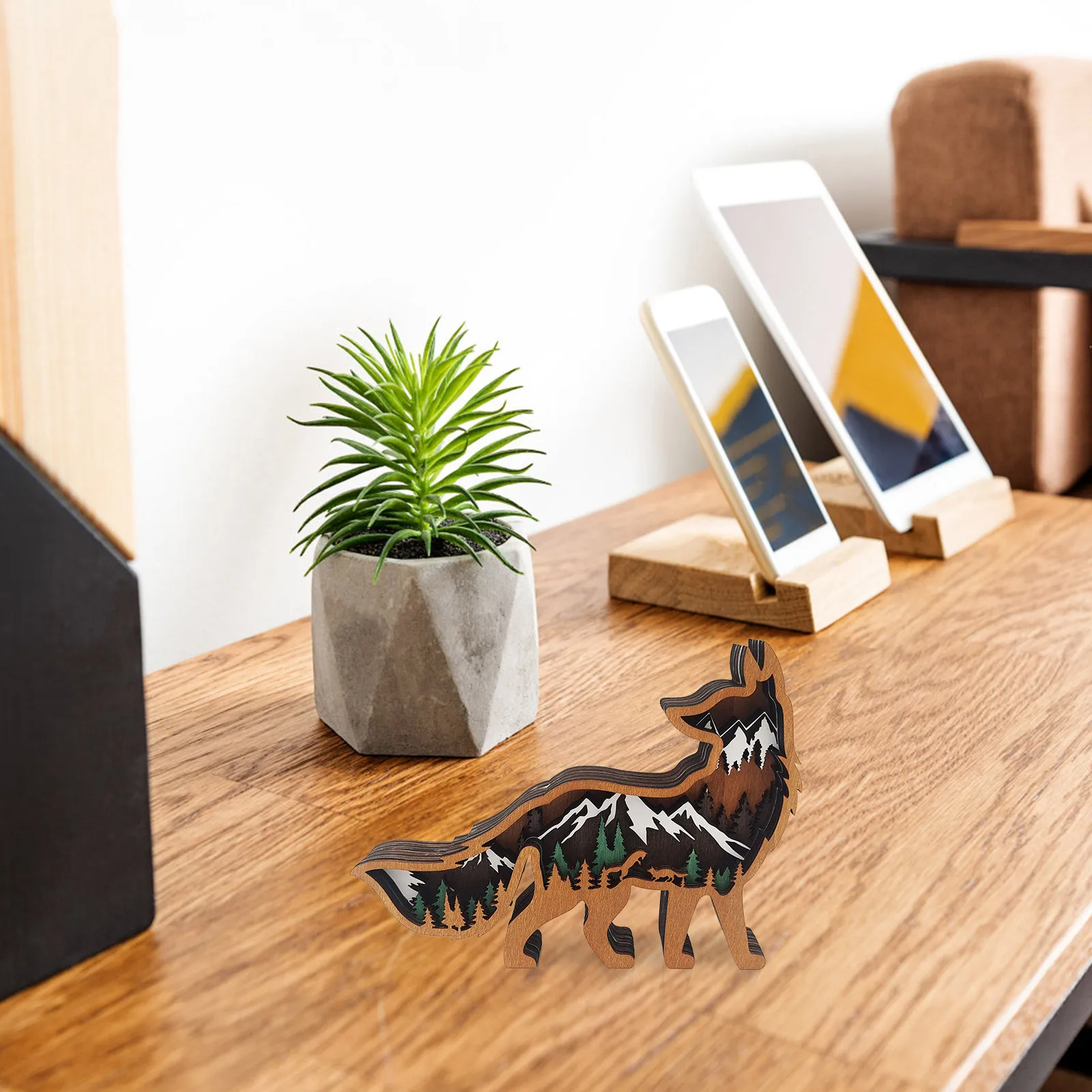 Creative Fox Carved Wooden Miniatures Model Animal Statues With LED Carving Fox Wooden Crafts Christmas Gifts For Home Decor image 3