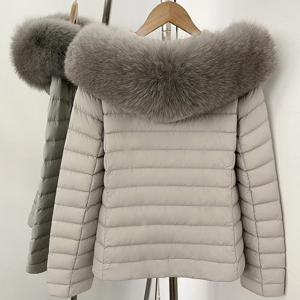 OFTBUY Goose Down Real Fox Fur Collar Lightweight Quilted Zip Up Clothes New Winter Puffer Coat Women Short Hooded Down Jacket