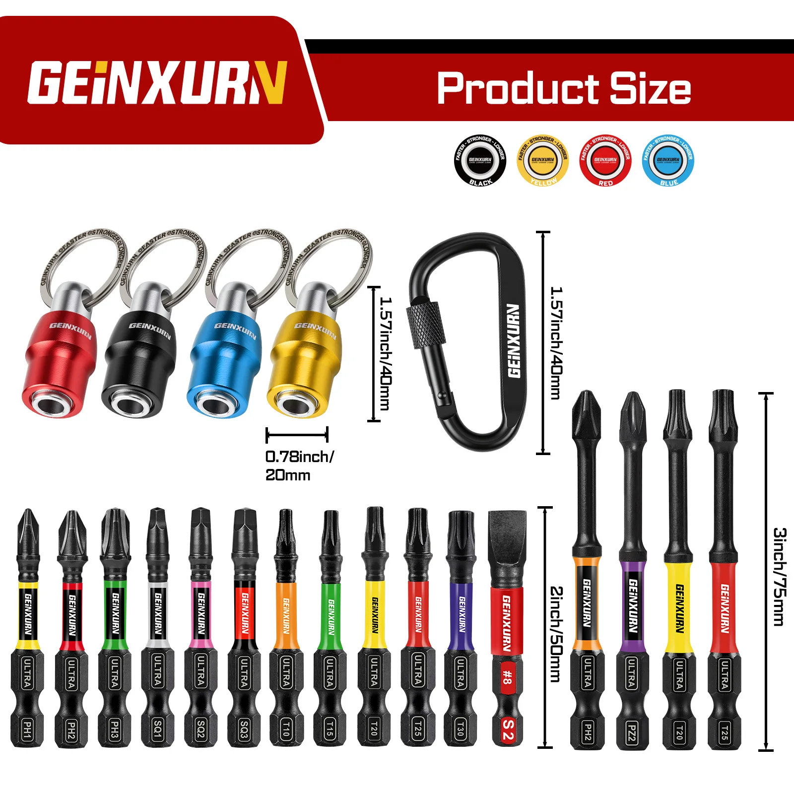 Geinxurn Round-Hole Keyring Set, with 3" Ultra Torque Bit Holder, 1/4" Hex Shank, Quick Release, Color Coded, With Carabiner view 2