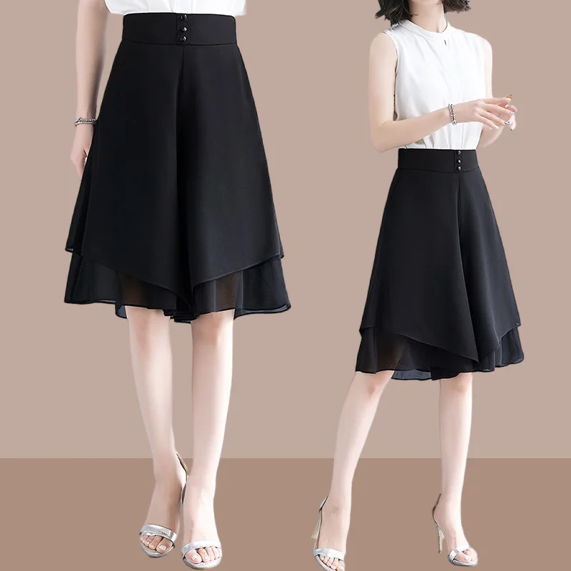 

Chiffon Wide Leg Pants Women's Summer Thin A-Line Skirt Pants Loose plus Size High Waist Slimming Five-Quarter Pants