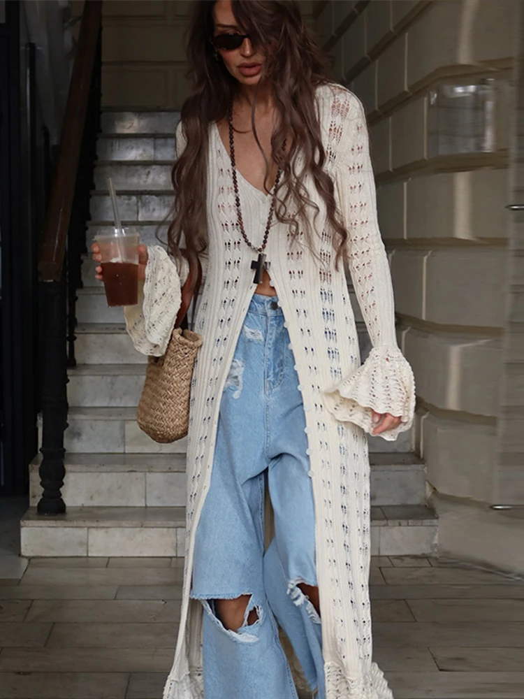 Cardigan lungo lavorato a maglia scava fuori maglione lungo con scollo a V da donna maglione monopetto maxi cappotti 2024 autunno elegante capispalla
