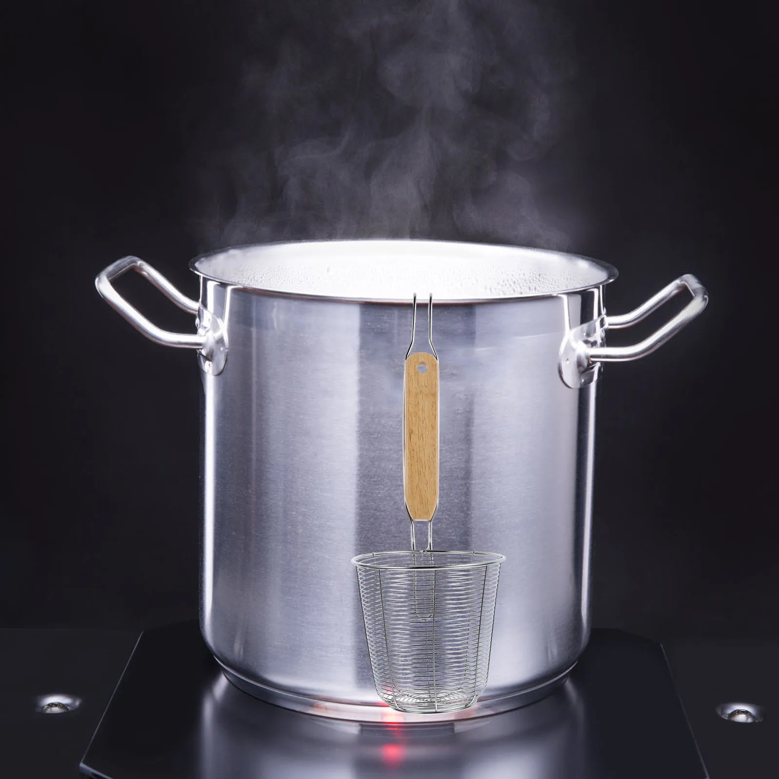 

1pc Stainless Steel Wood Handle Spaghetti Basket Noodle Strainer For Pasta Dumpling Draining Mesh Colander Kitchen Utensil