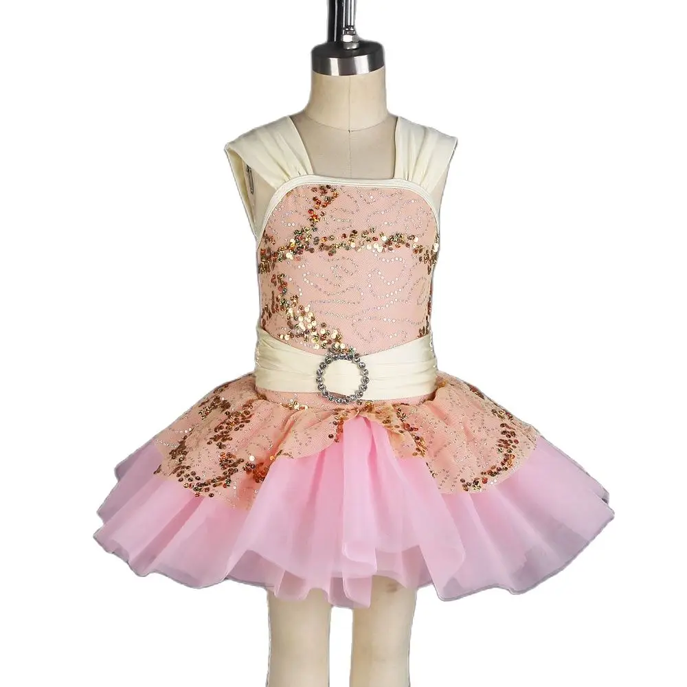 20129 Ivory Sequin Net With Pink Spandex Top Ballet Dance Skirt For Little Ballet Girl Stage Performance Dance Dress