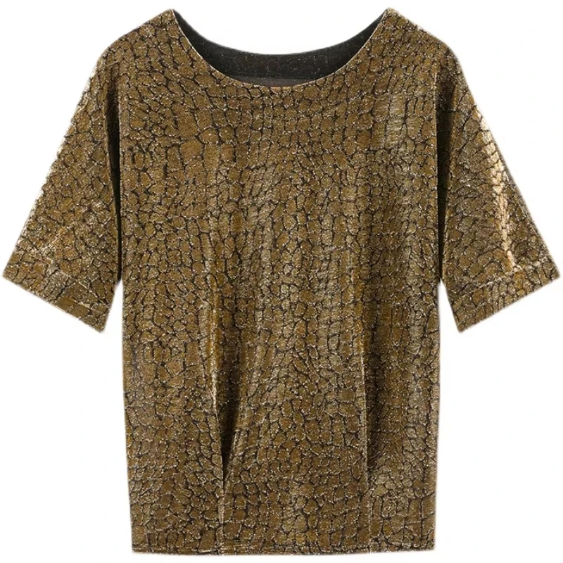 

2026 Vintage Women's Glitter Crackle Print Top Round Neck Short Sleeve Shiny Loose Fit Casual Blouse Summer Gold Simple Shirt