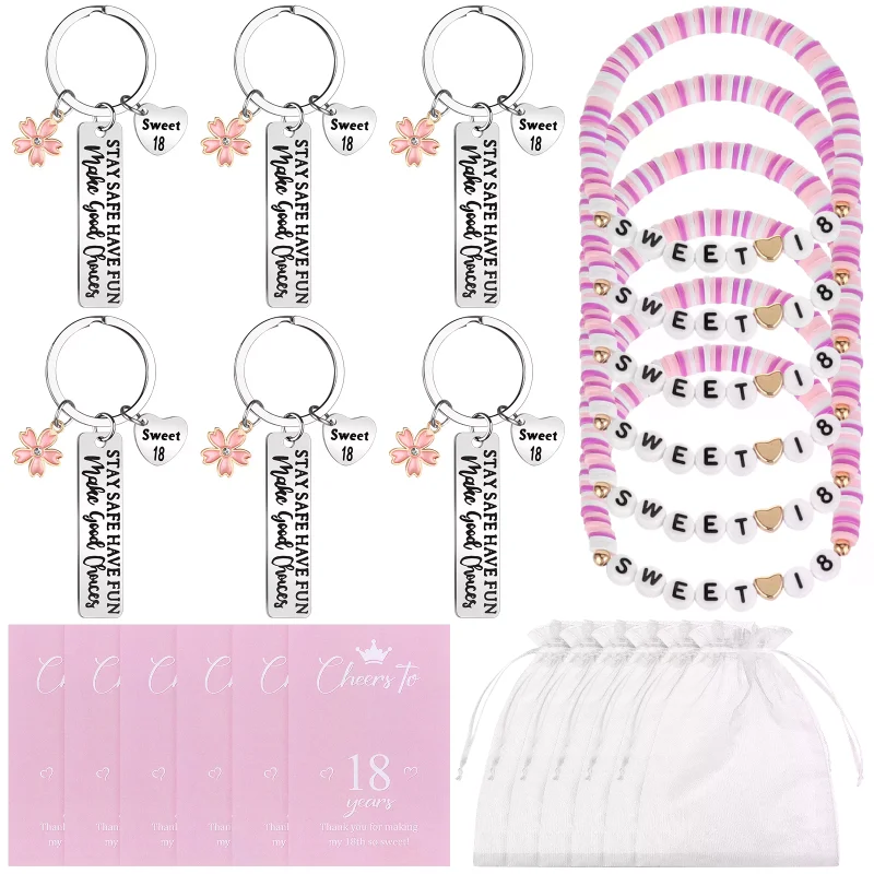 6 Sets 18th Birthday Gifts For Girls Sweet 18 Party Favours Keychain Bracelet Thank You Card Organza Bag Keepsake Friends Gift