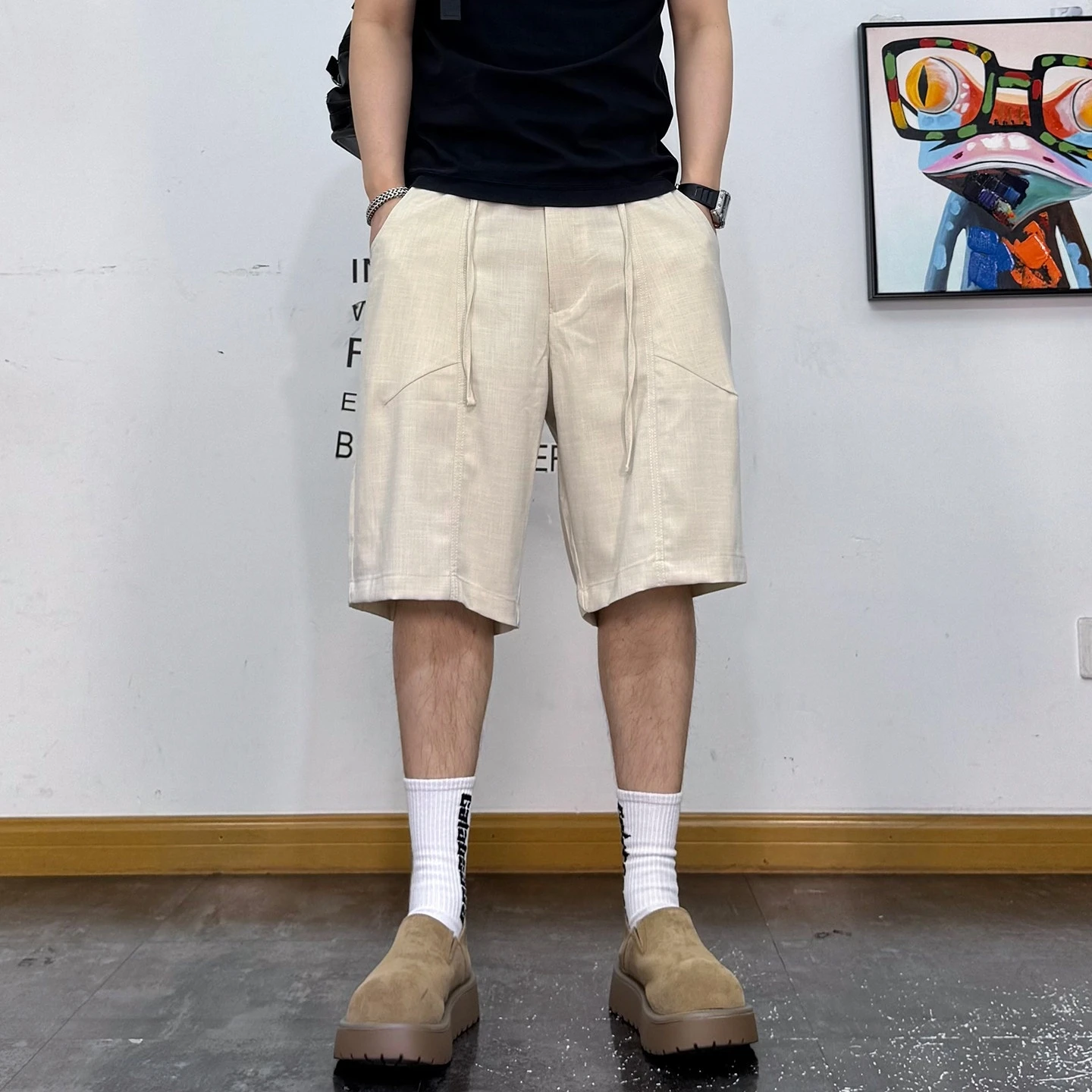 American Baggy Cargo Shorts Multi Pockets Mens Mid Length Loose Fit Elastic Waist Drawstring Casual Trendy Versatile Minimalist