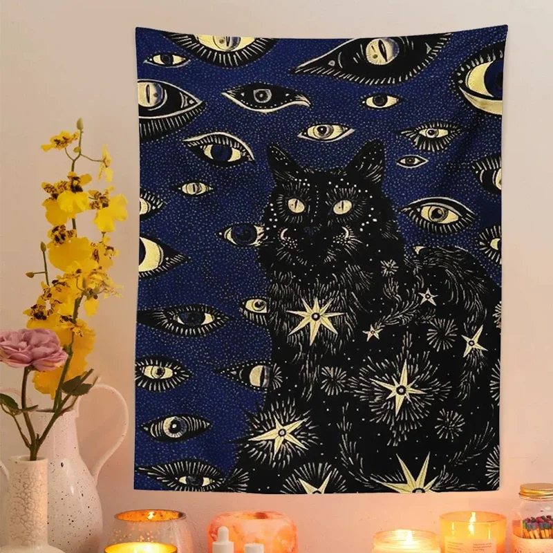 New Cat Coven Tapestry Printed Witchcraft Hippie Wall Hanging Bohemian Wall Tapestry Mandala Wall Art Aesthetic Room Decor Decor