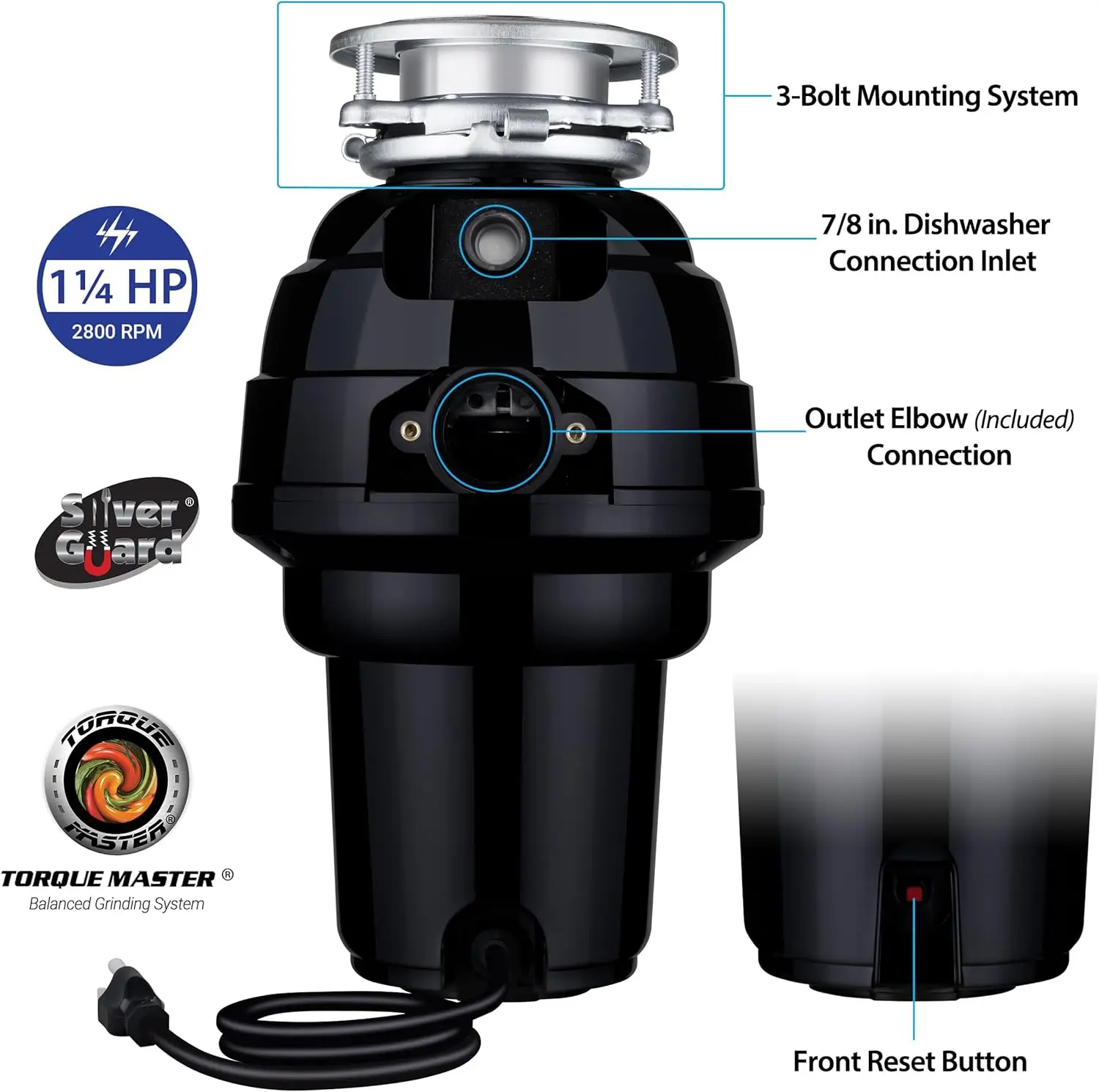 Garbage Disposal with Removeable Splash Guard, Attached Power Cord and Standard 3-Bolt Mounting System, Continuous Feed Disposer