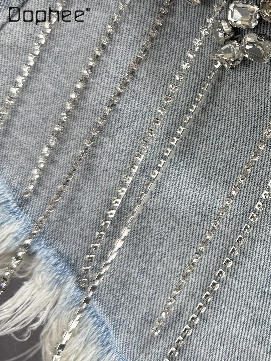 Heavy Industry Diamond-encrusted Fringed Denim Shorts Women Summer New High-waisted Slim-fitting European Wide-leg Hot Pants