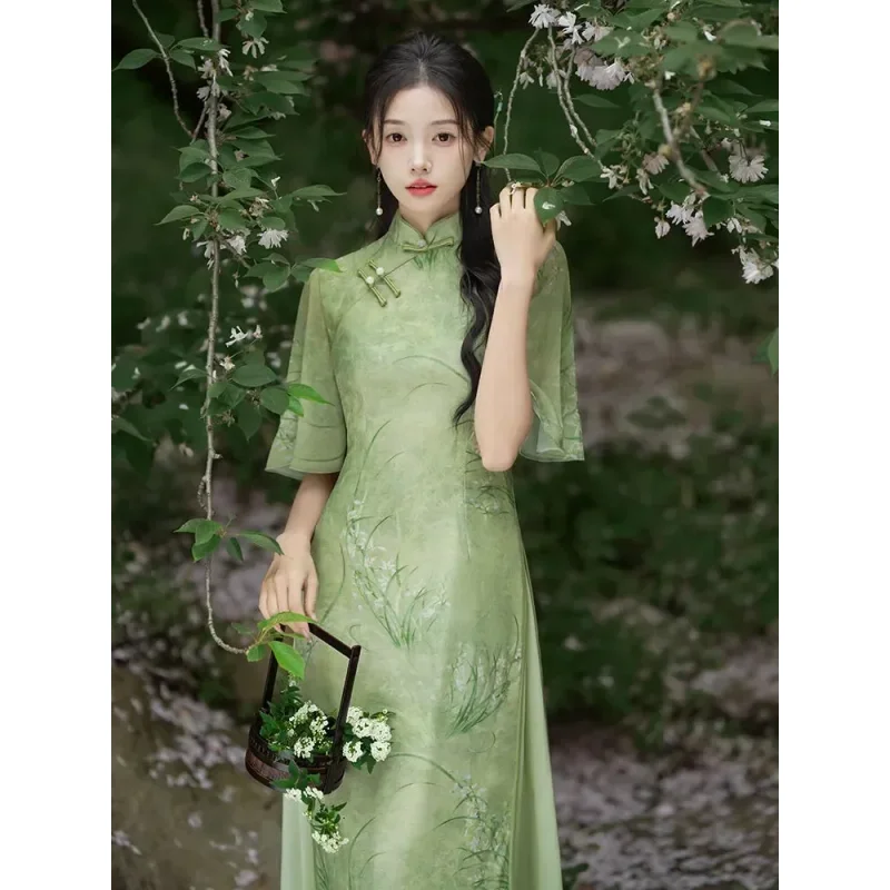 

Элегантное современное платье-ципао из шифона, зеленое, розовое, женская одежда 2024 года, улучшенная ретро-модель в китайском традиционном стиле