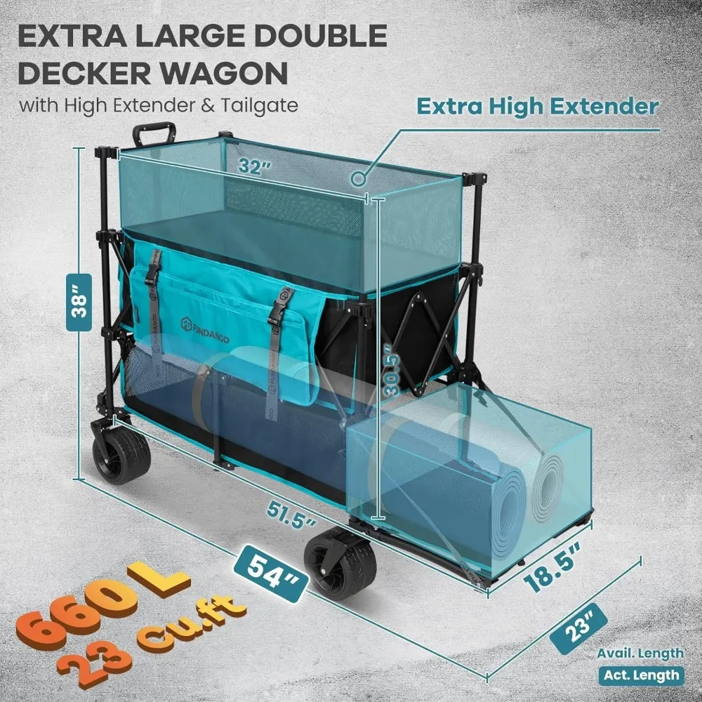 عربة ذات طابقين قابلة للطي 660L XXL مع موسع عالي، عجلات لجميع التضاريس للتخييم، معدات رياضية، للاستخدام المنزلي