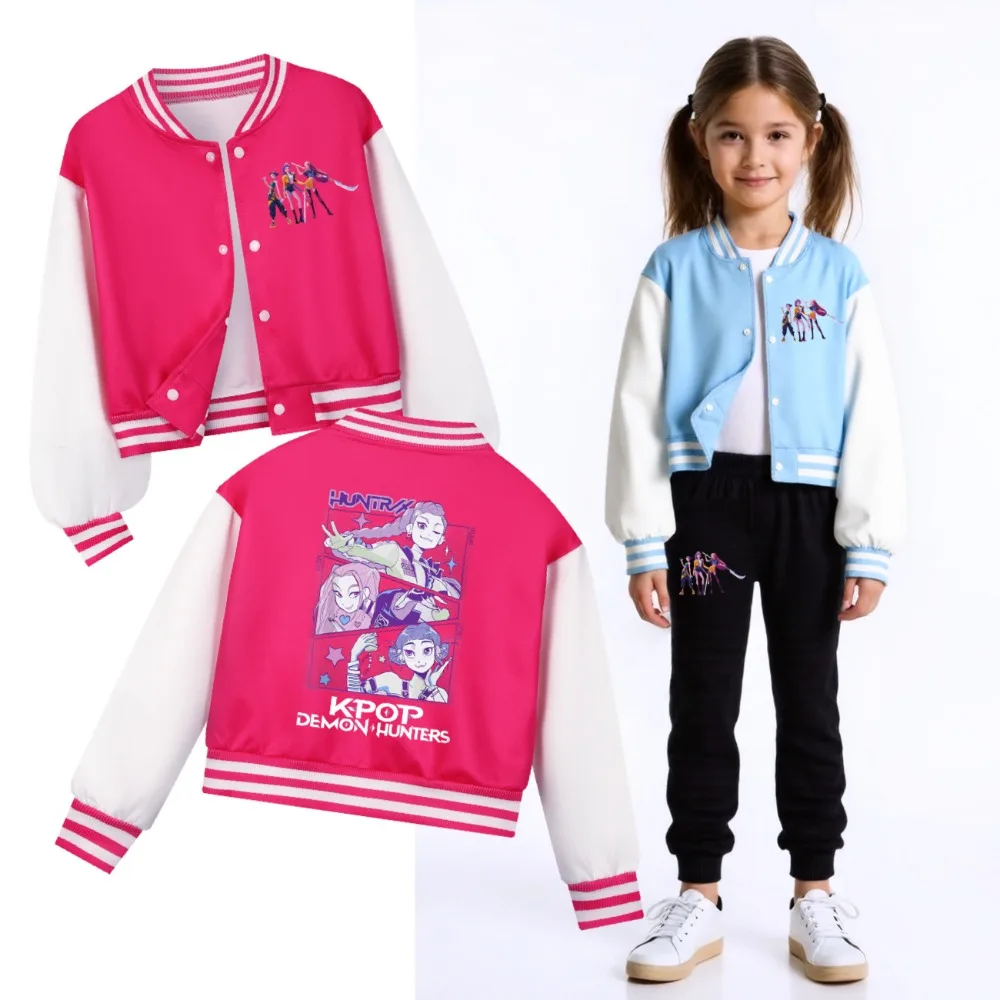 

Kids KPop Demon Hunters Print Baseball Jacket Anime Uniform for 4-14 Years Children Sports Outerwear Spring Summer Long Sleeve