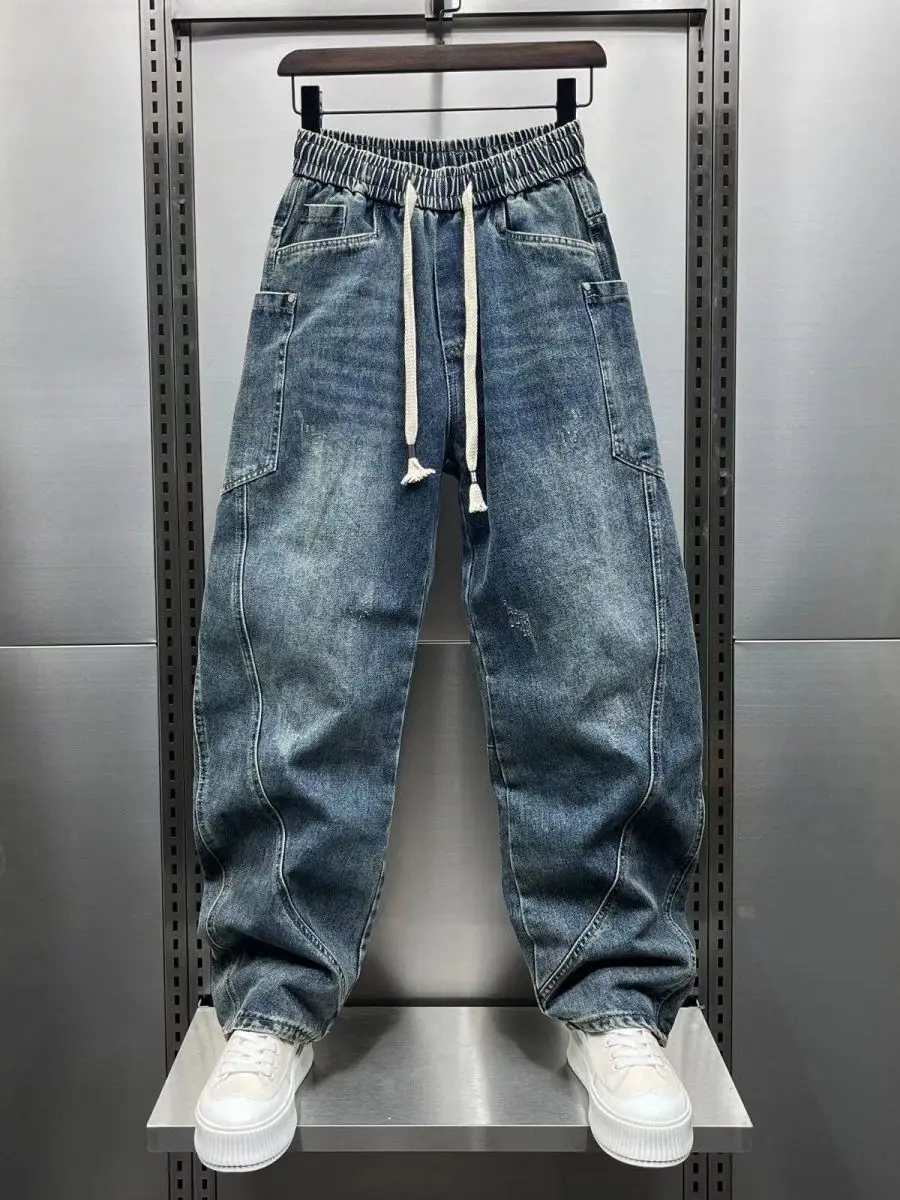 

American Retro Waed Denim Jeans Men's Spring Autumn New Loose Dstring Straight Leg Wide Leg Pants Trendy Long Trousers