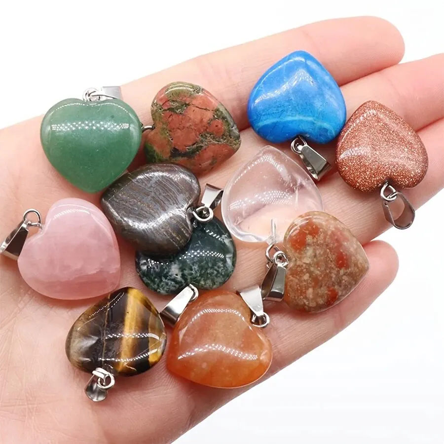 10pcs Natural Stone Crystal Heart Pendants Exquisite Jewelry Accessories In Mixed Colors Crystal Healing Stones for Diy Jewelry